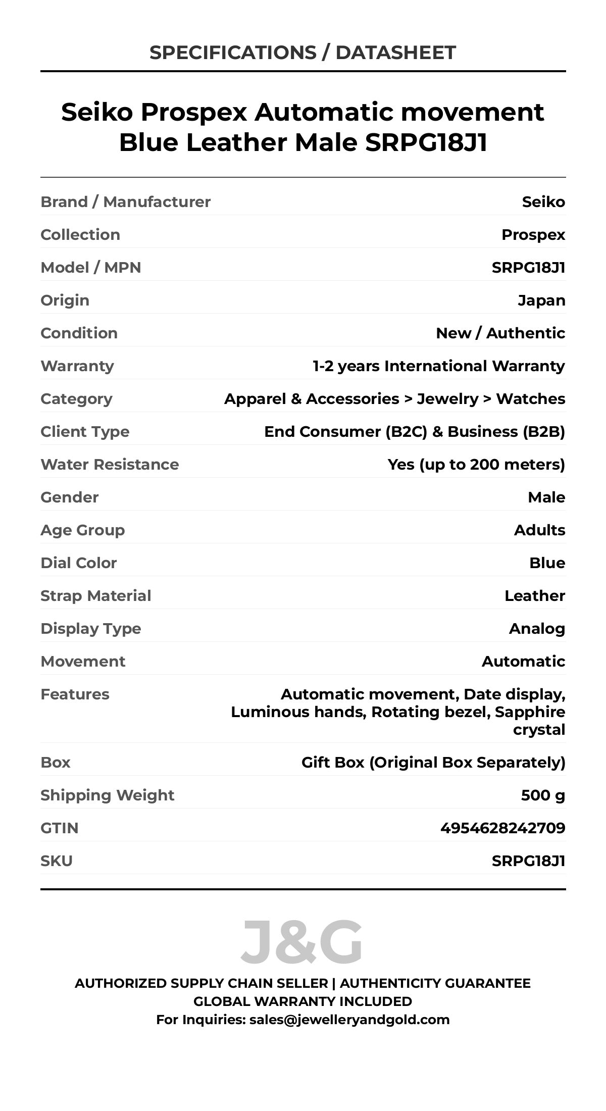Seiko Prospex Automatic movement Blue Leather Male SRPG18J1 - Specifications