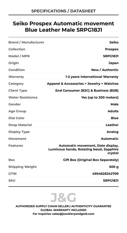 Seiko Prospex Automatic movement Blue Leather Male SRPG18J1 - Specifications