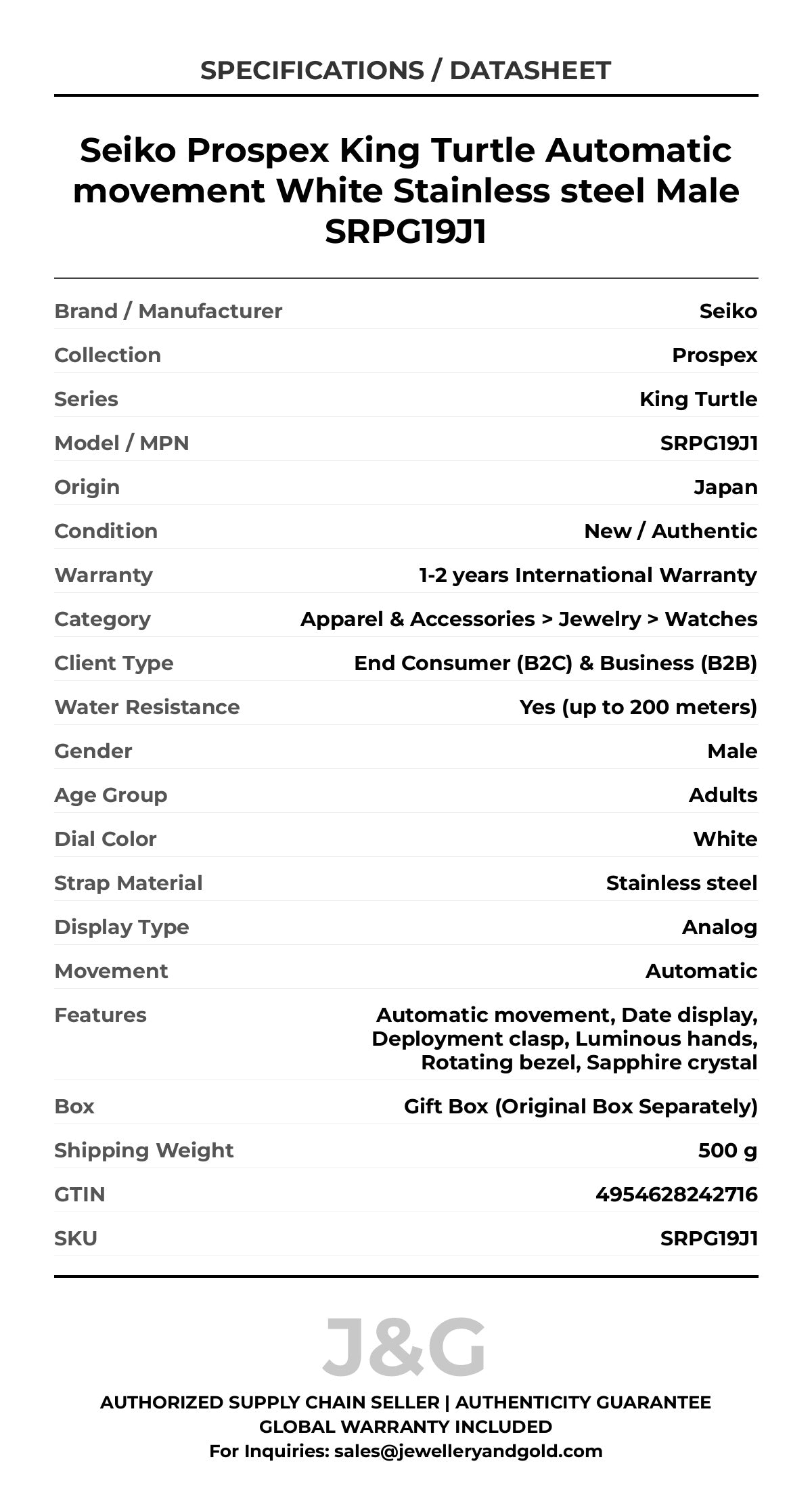 Seiko Prospex King Turtle Automatic movement White Stainless steel Male SRPG19J1 - Specifications