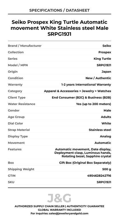 Seiko Prospex King Turtle Automatic movement White Stainless steel Male SRPG19J1 - Specifications