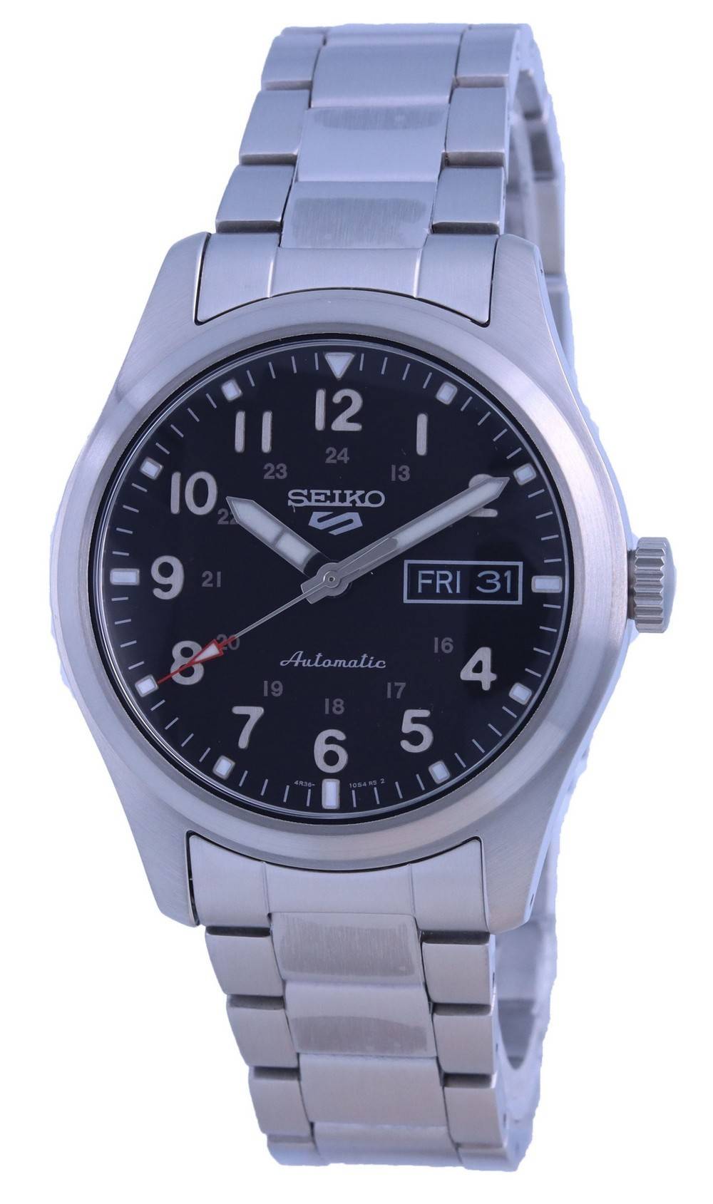 Seiko 5 Sports Field Automatic movement Black Stainless steel Male SRPG27K1. A brand-new Seiko 5 Sports watch featuring a Black dial and a Stainless steel strap. Side view.