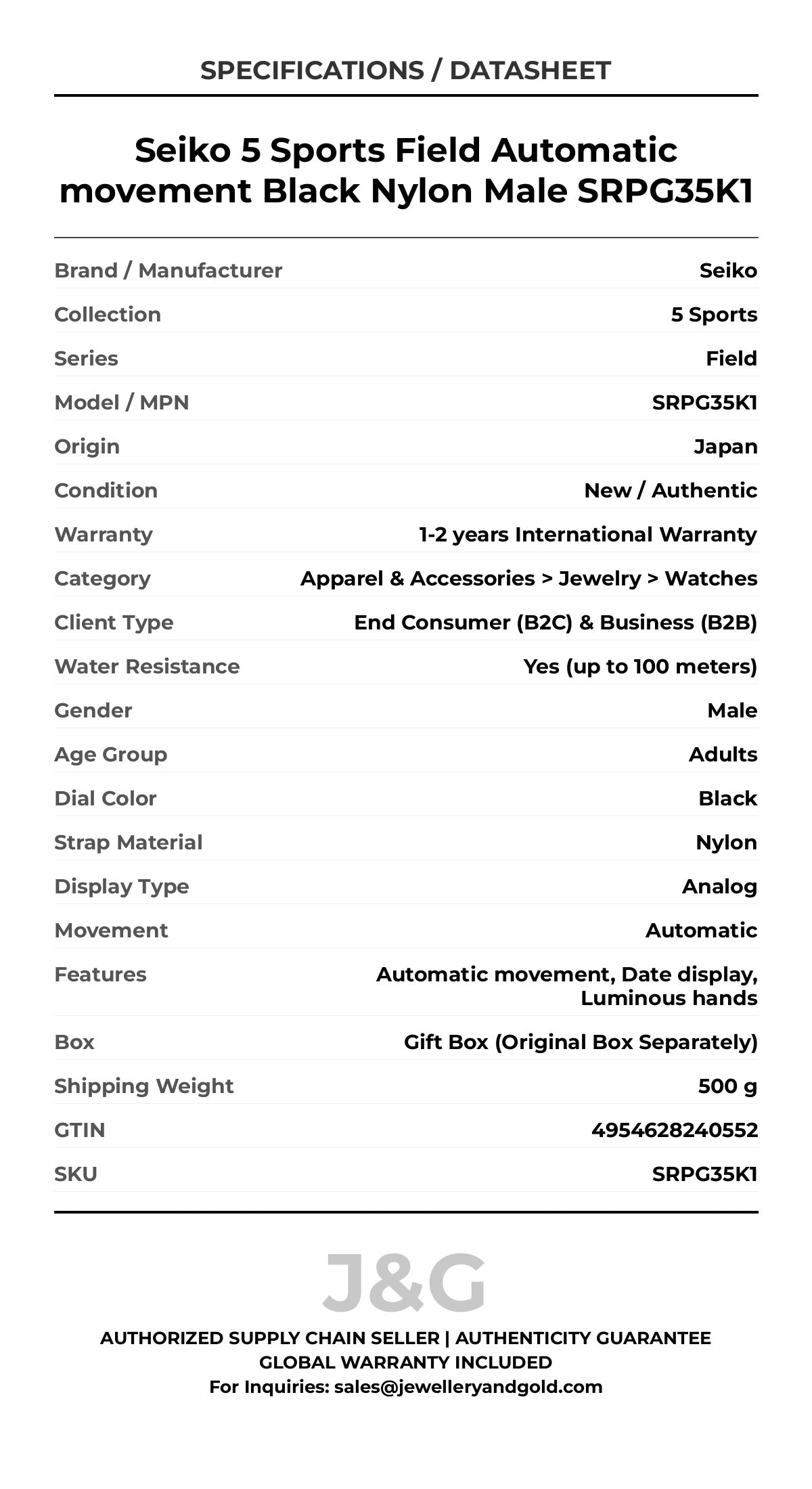 Seiko 5 Sports Field Automatic movement Black Nylon Male SRPG35K1 - Specifications