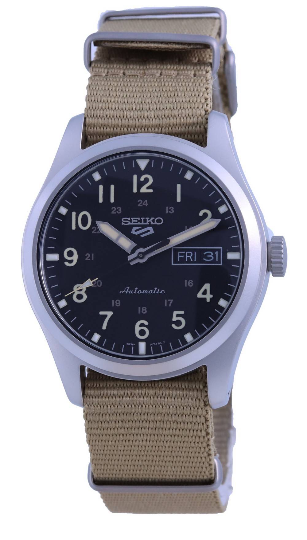 Seiko 5 Sports Field Automatic movement Black Nylon Male SRPG35K1. A brand-new Seiko 5 Sports watch featuring a Black dial and a Nylon strap. Angled view.