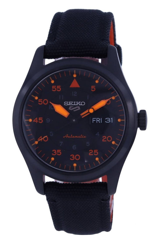 Seiko 5 Sports Automatic movement Black Nylon Male SRPH33K1. A brand-new Seiko 5 Sports watch featuring a Black dial and a Nylon strap. Side view.