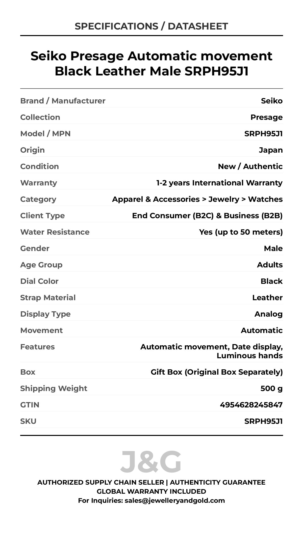 Seiko Presage Automatic movement Black Leather Male SRPH95J1 - Specifications