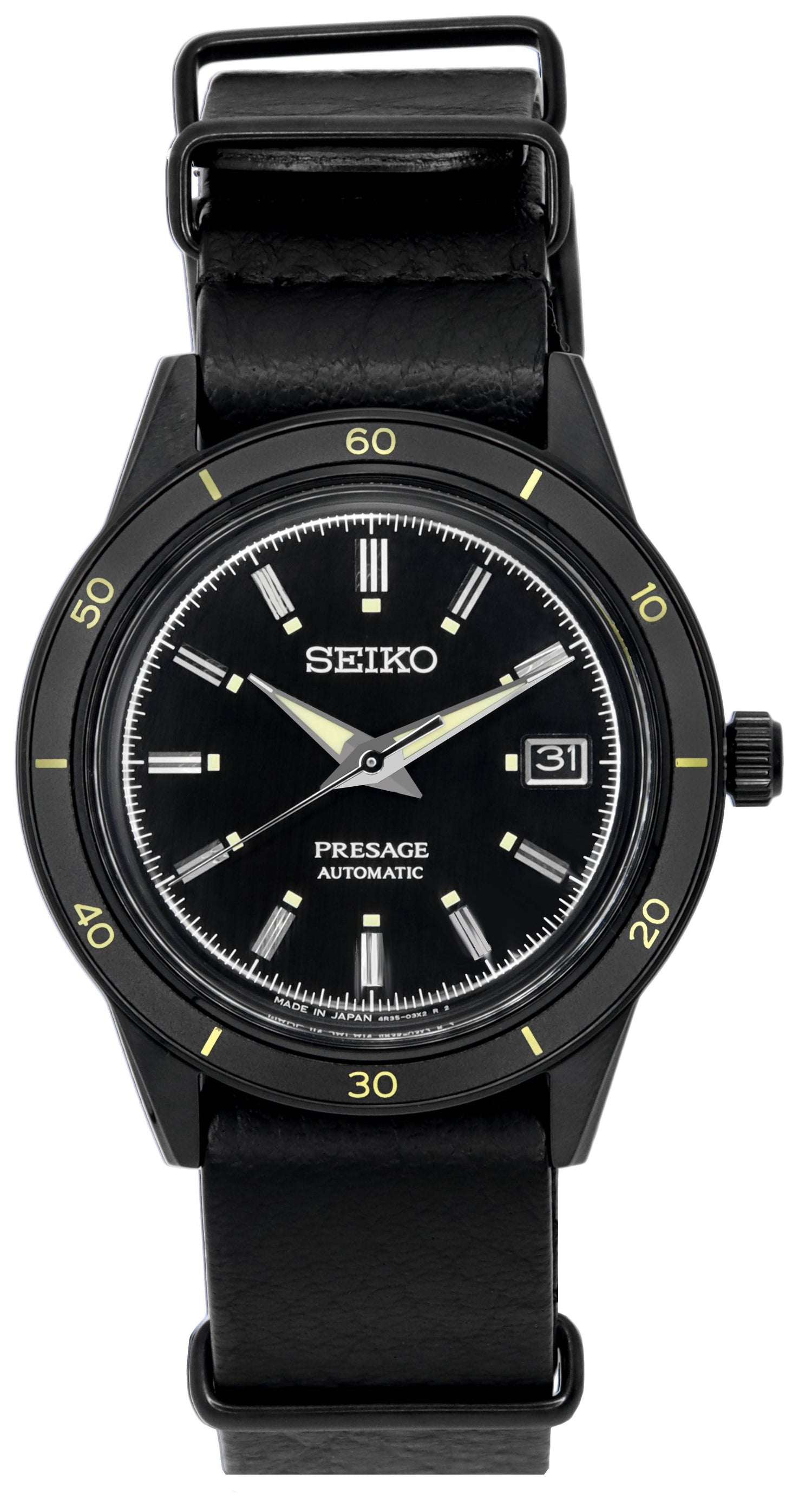 Seiko Presage Automatic movement Black Leather Male SRPH95J1. A brand-new Seiko Presage watch featuring a Black dial and a Leather strap. Side view.