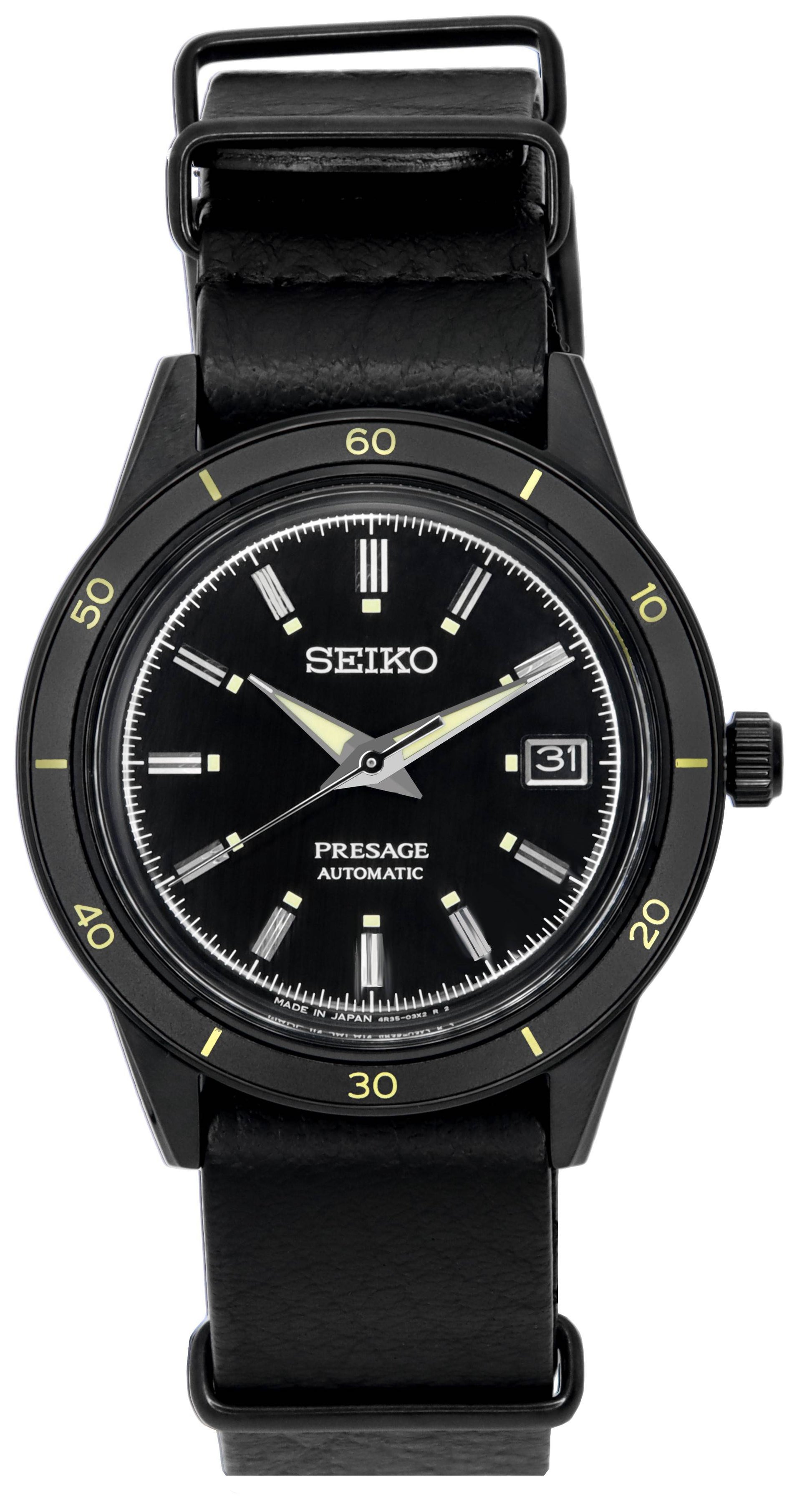 Seiko Presage Automatic movement Black Leather Male SRPH95J1. A brand-new Seiko Presage watch featuring a Black dial and a Leather strap. Side view.