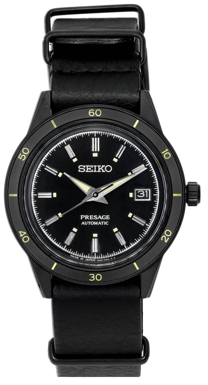Seiko Presage Automatic movement Black Leather Male SRPH95J1. A brand-new Seiko Presage watch featuring a Black dial and a Leather strap. Side view.