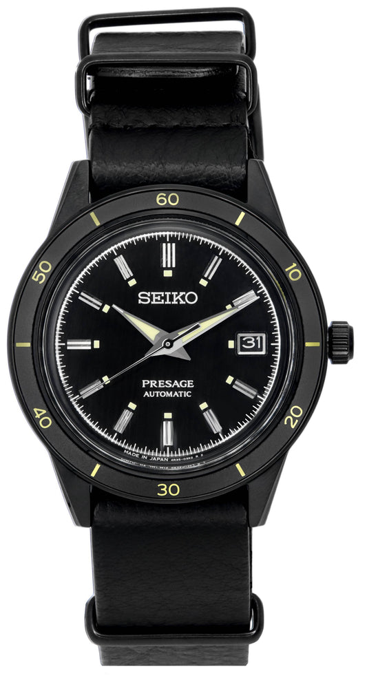 Seiko Presage Automatic movement Black Leather Male SRPH95J1. A brand-new Seiko Presage watch featuring a Black dial and a Leather strap. Side view.