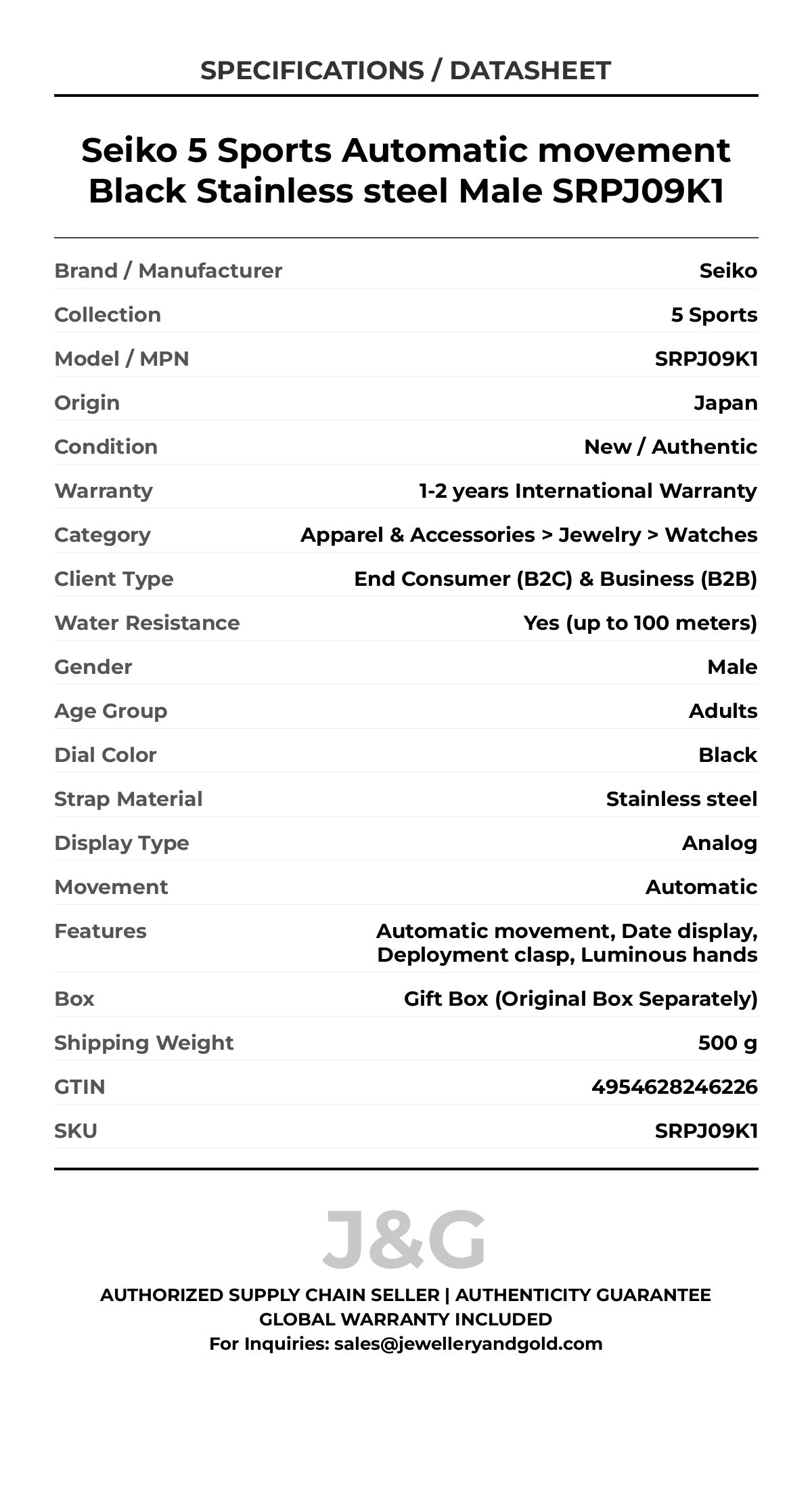 Seiko 5 Sports Automatic movement Black Stainless steel Male SRPJ09K1 - Specifications