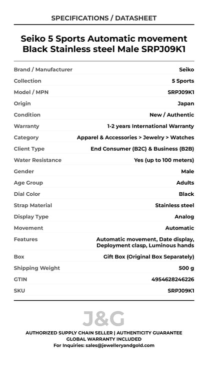 Seiko 5 Sports Automatic movement Black Stainless steel Male SRPJ09K1 - Specifications