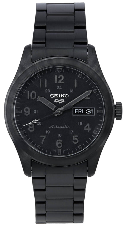 Seiko 5 Sports Automatic movement Black Stainless steel Male SRPJ09K1. A brand-new Seiko 5 Sports watch featuring a Black dial and a Stainless steel strap. Angled view.