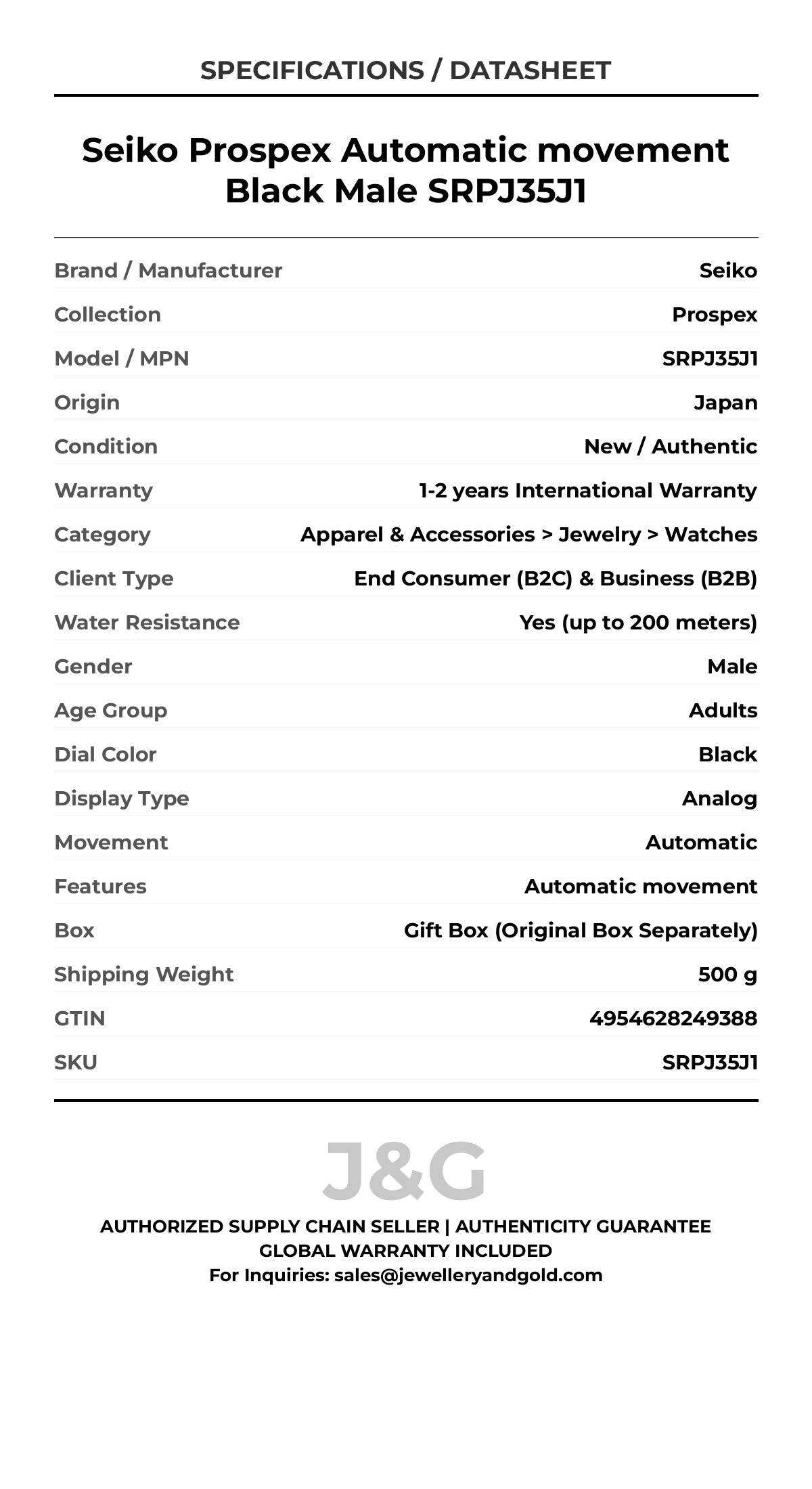 Seiko Prospex Automatic movement Black Male SRPJ35J1 - Specifications