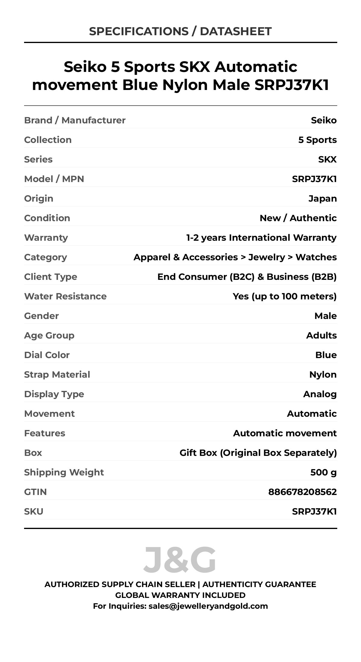 Seiko 5 Sports SKX Automatic movement Blue Nylon Male SRPJ37K1 - Specifications