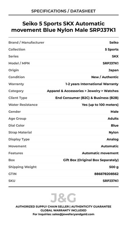 Seiko 5 Sports SKX Automatic movement Blue Nylon Male SRPJ37K1 - Specifications