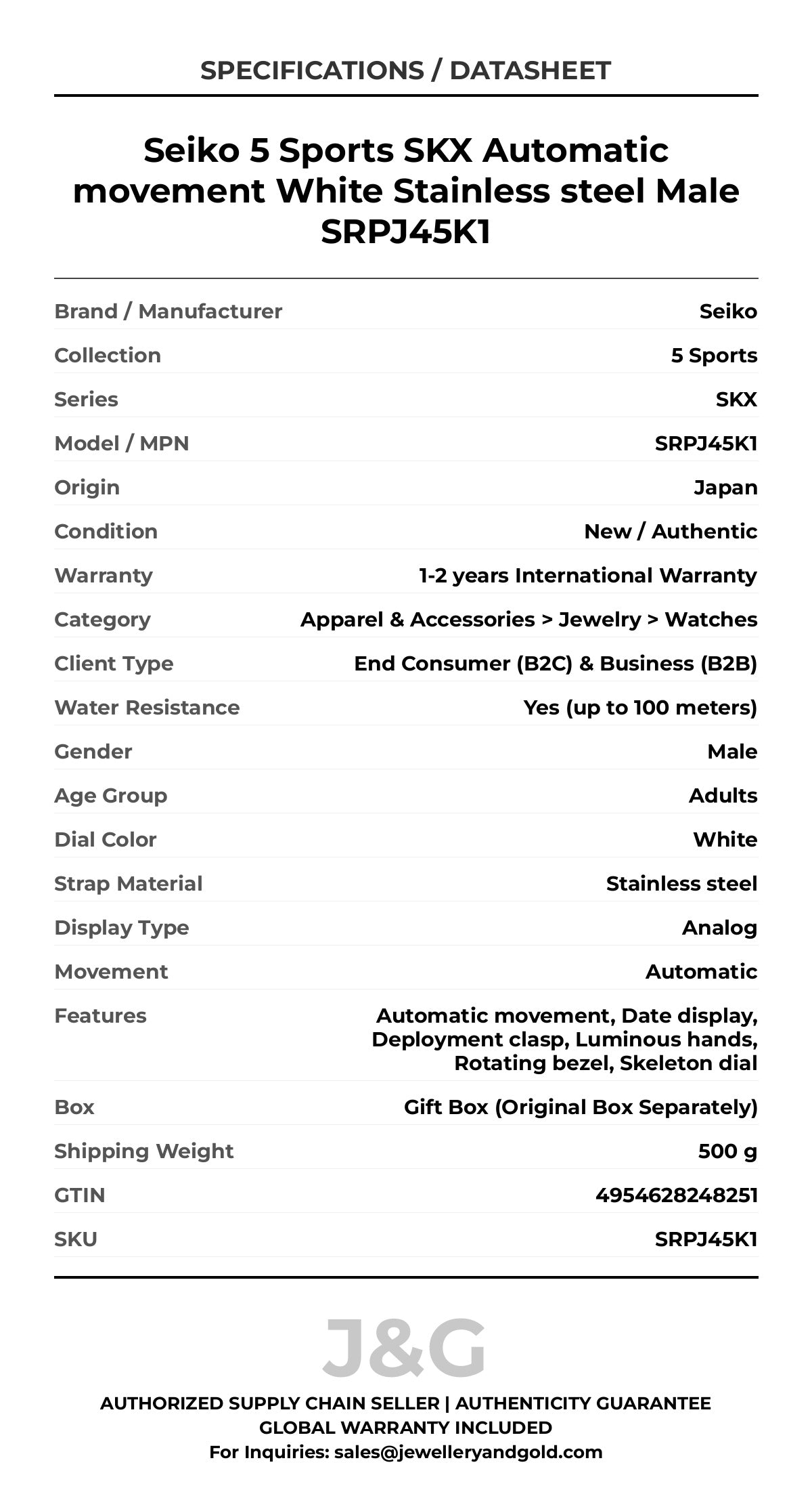 Seiko 5 Sports SKX Automatic movement White Stainless steel Male SRPJ45K1 - Specifications