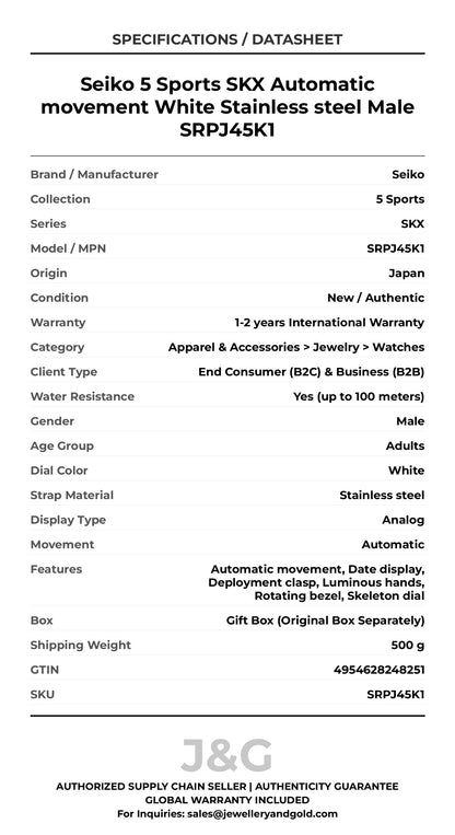 Seiko 5 Sports SKX Automatic movement White Stainless steel Male SRPJ45K1 - Specifications
