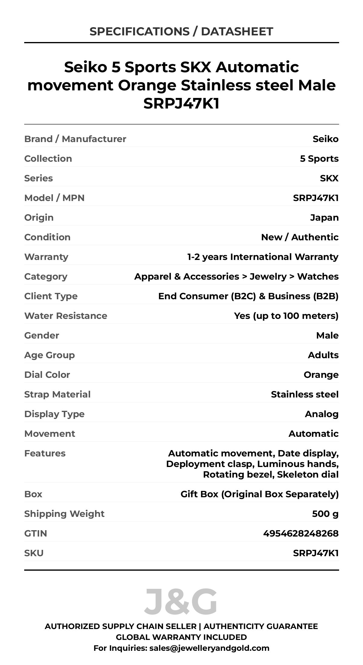 Seiko 5 Sports SKX Automatic movement Orange Stainless steel Male SRPJ47K1 - Specifications