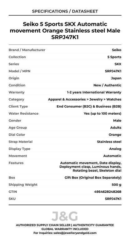Seiko 5 Sports SKX Automatic movement Orange Stainless steel Male SRPJ47K1 - Specifications