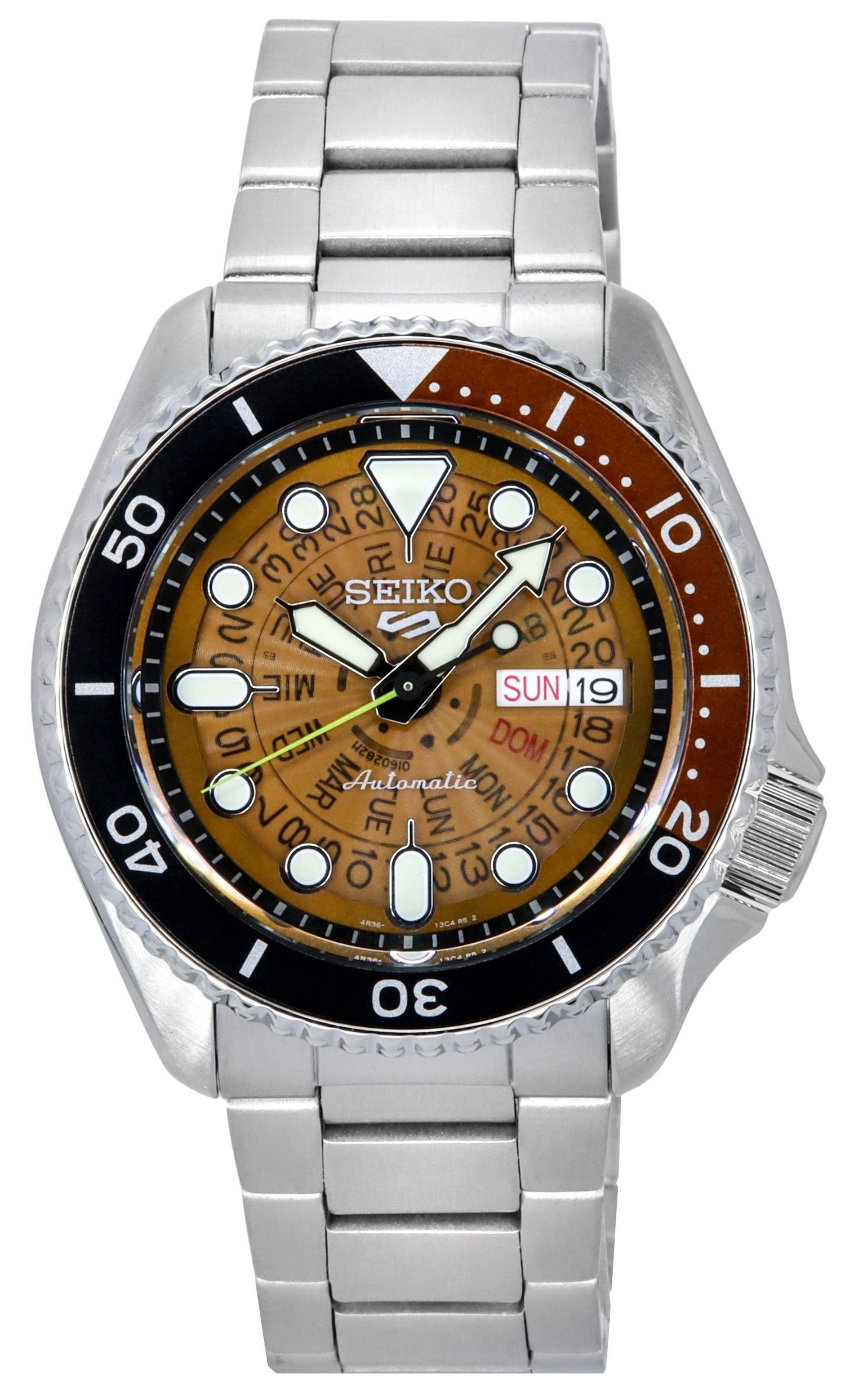 Seiko 5 Sports SKX Automatic movement Orange Stainless steel Male SRPJ47K1. A brand-new Seiko 5 Sports watch featuring a Orange dial and a Stainless steel strap. Side view.