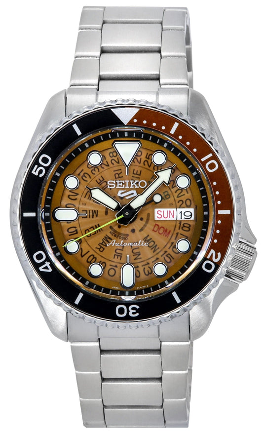 Seiko 5 Sports SKX Automatic movement Orange Stainless steel Male SRPJ47K1. A brand-new Seiko 5 Sports watch featuring a Orange dial and a Stainless steel strap. Side view.