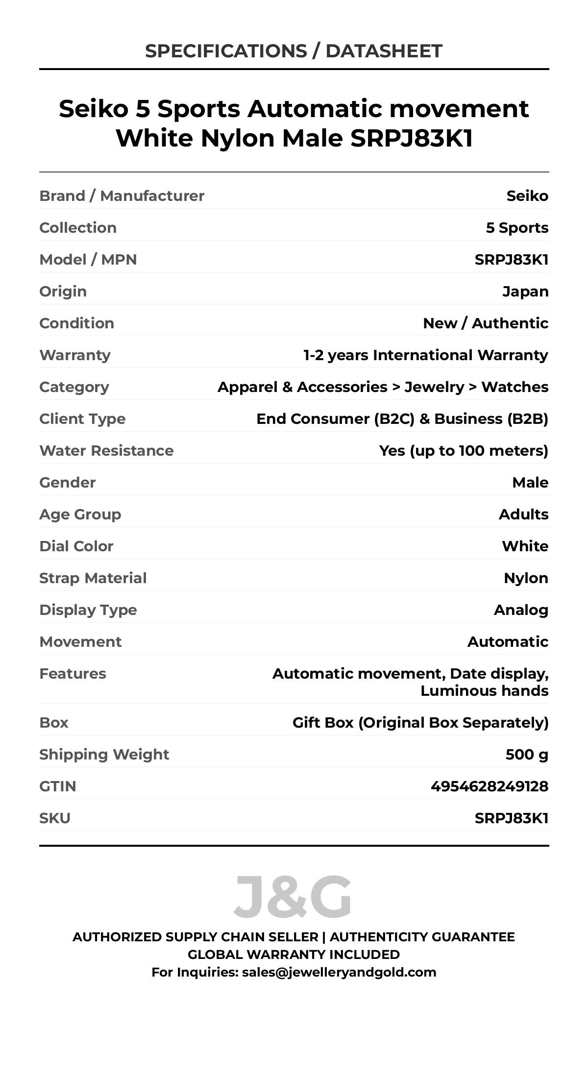 Seiko 5 Sports Automatic movement White Nylon Male SRPJ83K1 - Specifications
