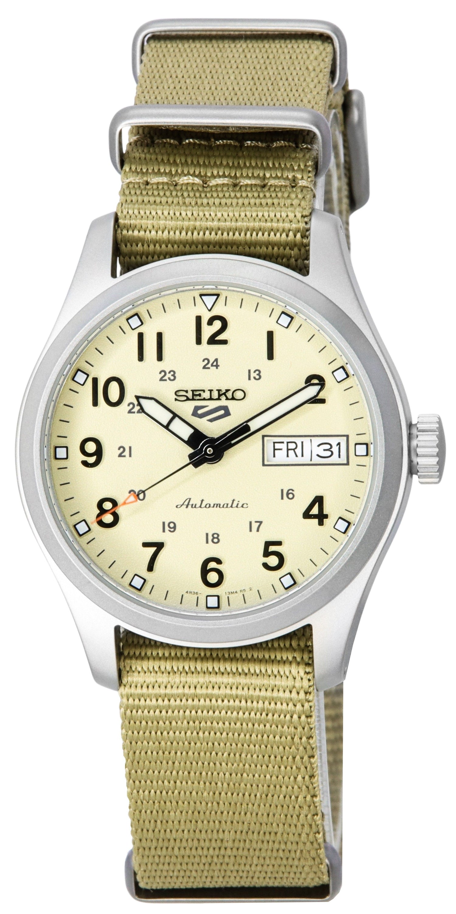 Seiko 5 Sports Automatic movement White Nylon Male SRPJ83K1. A brand-new Seiko 5 Sports watch featuring a White dial and a Nylon strap. Angled view.