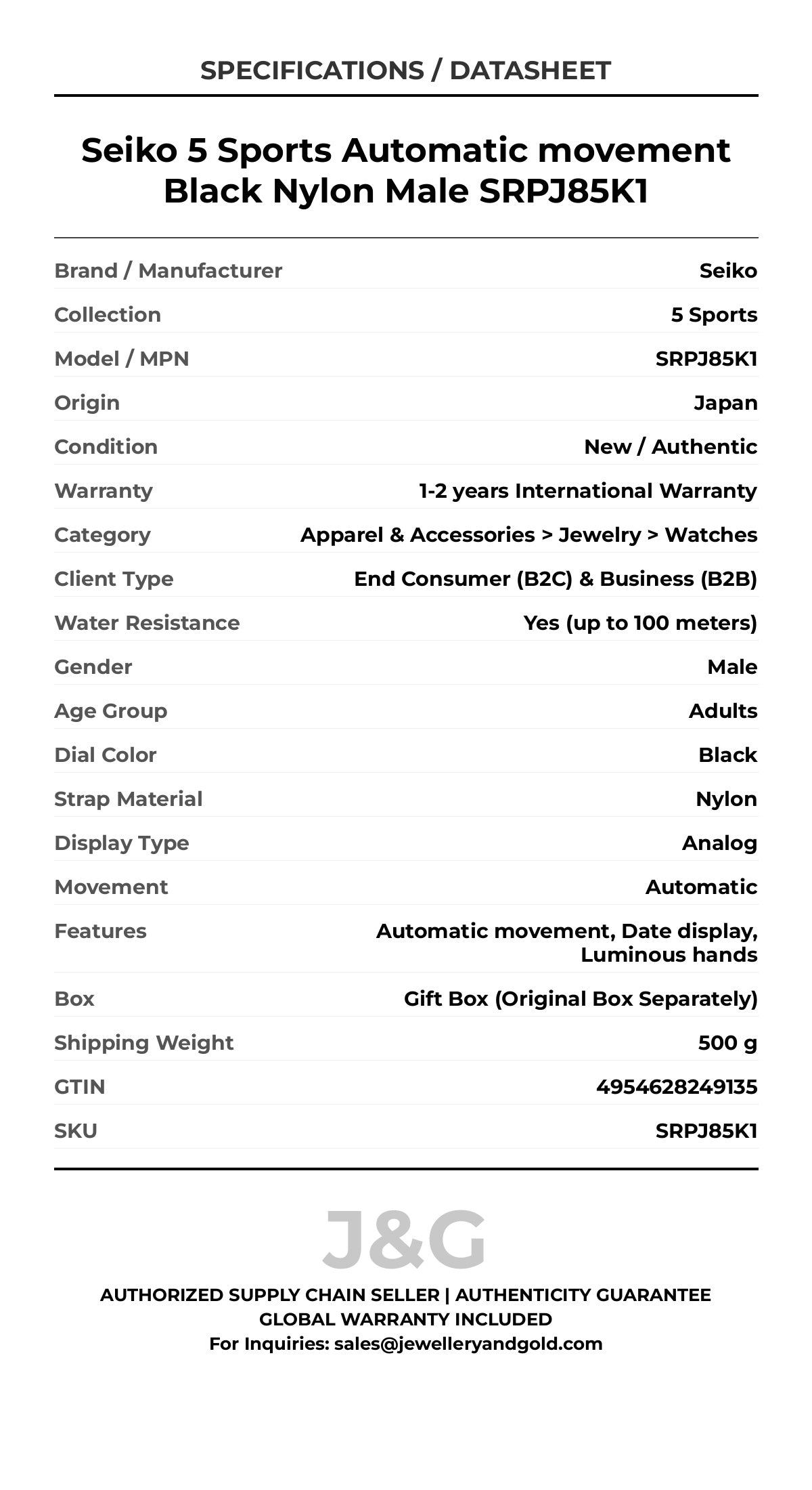 Seiko 5 Sports Automatic movement Black Nylon Male SRPJ85K1 - Specifications