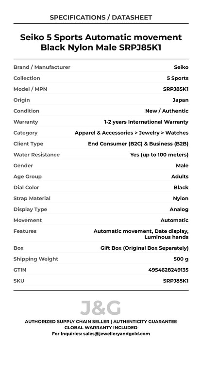 Seiko 5 Sports Automatic movement Black Nylon Male SRPJ85K1 - Specifications
