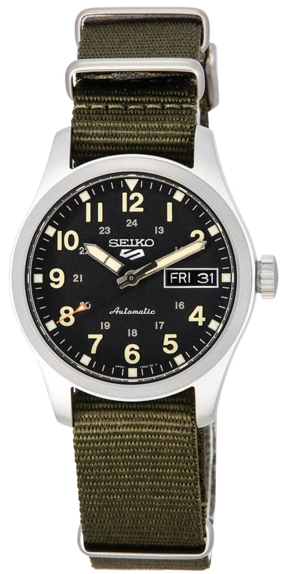 Seiko 5 Sports Automatic movement Black Nylon Male SRPJ85K1. A brand-new Seiko 5 Sports watch featuring a Black dial and a Nylon strap. Angled view.