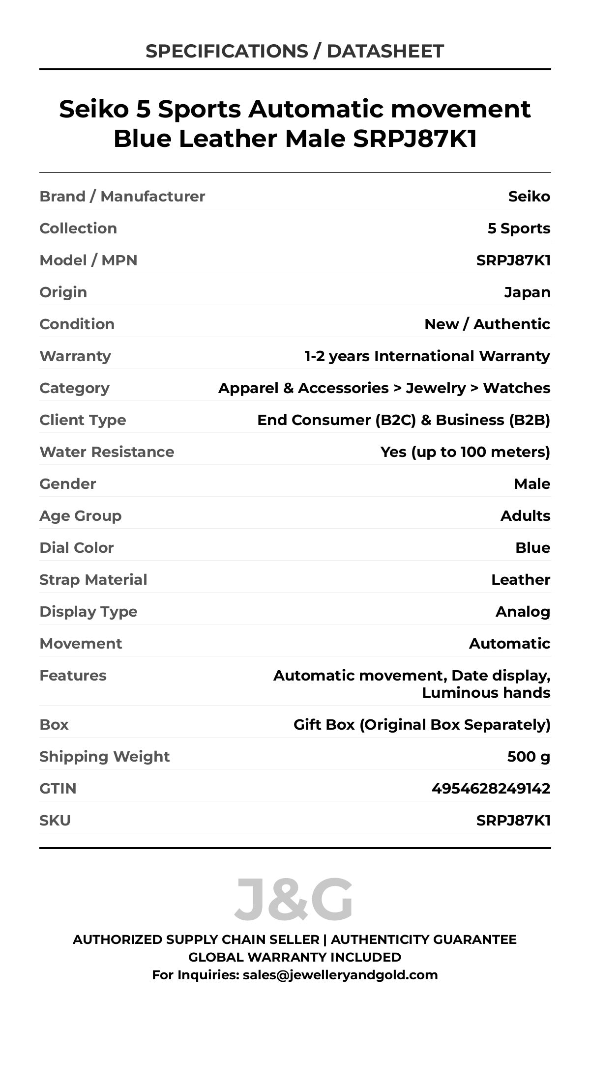 Seiko 5 Sports Automatic movement Blue Leather Male SRPJ87K1 - Specifications