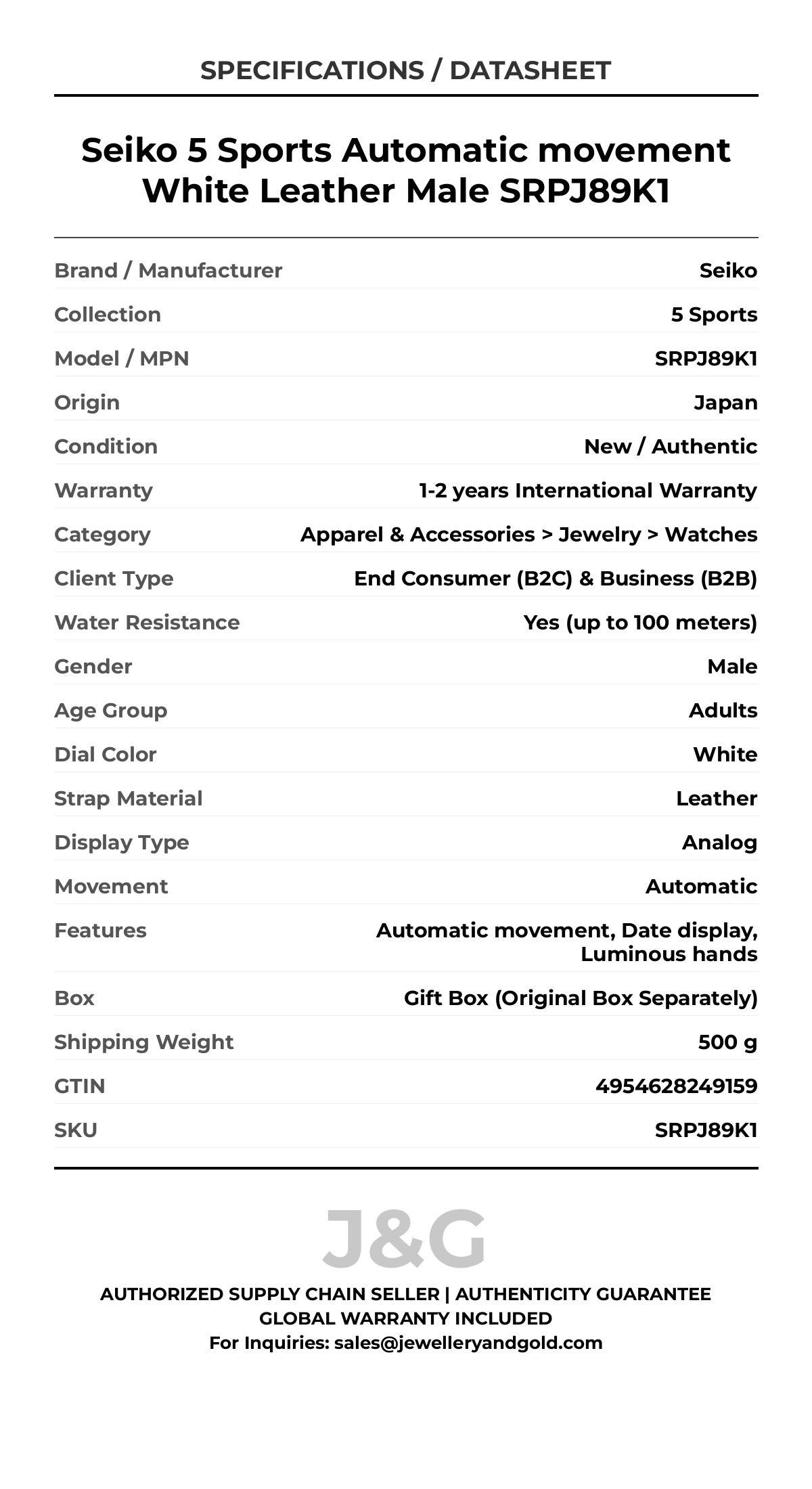Seiko 5 Sports Automatic movement White Leather Male SRPJ89K1 - Specifications