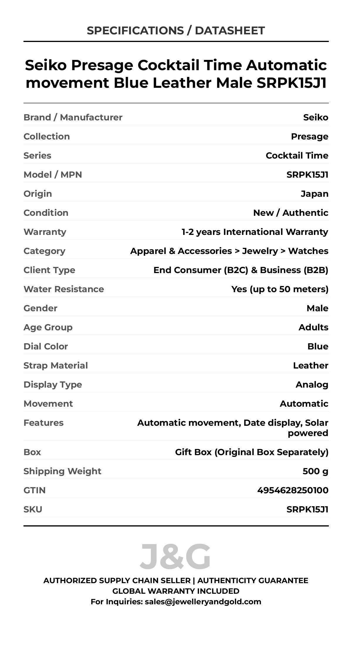 Seiko Presage Cocktail Time Automatic movement Blue Leather Male SRPK15J1 - Specifications