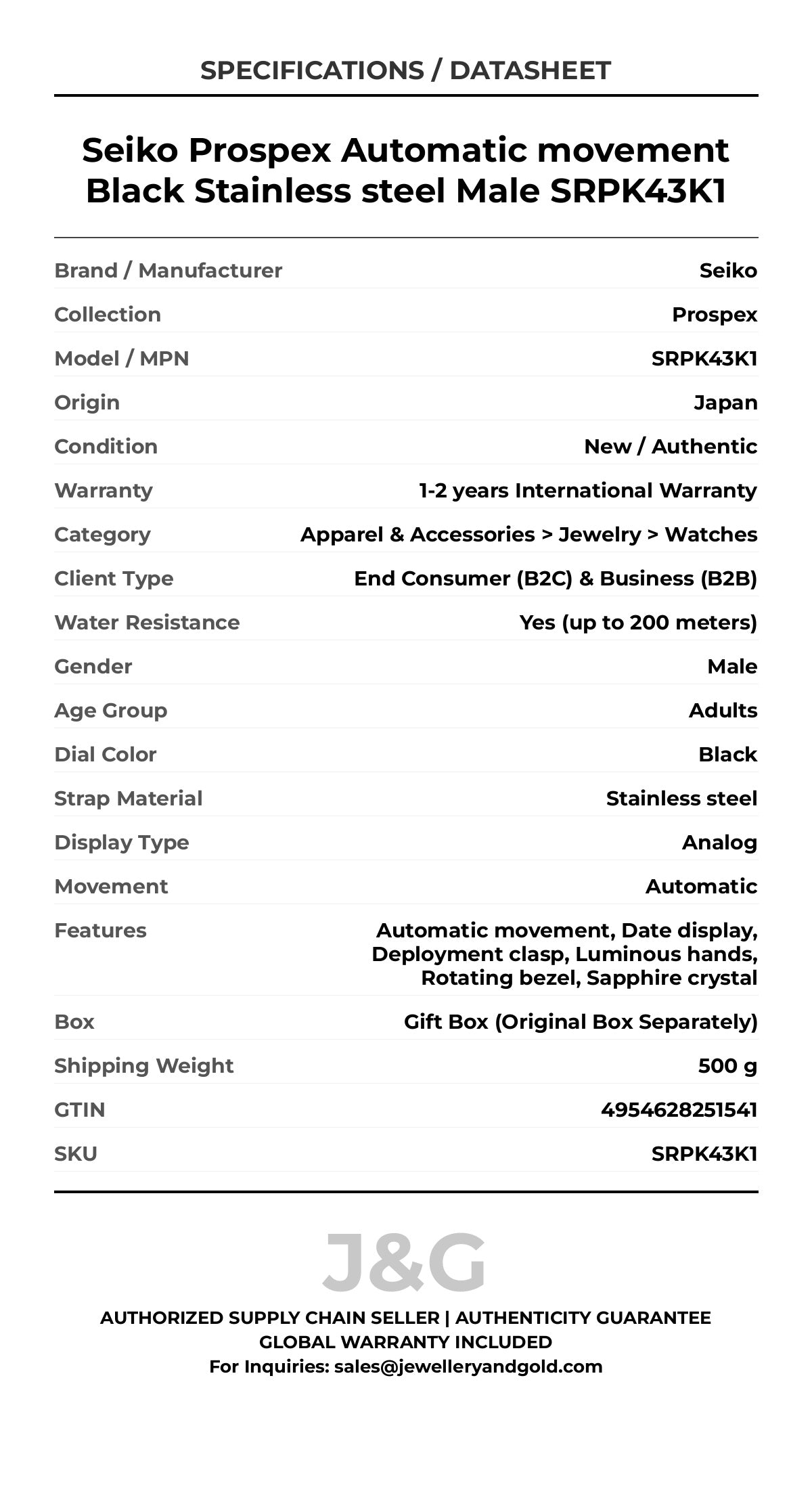 Seiko Prospex Automatic movement Black Stainless steel Male SRPK43K1 - Specifications