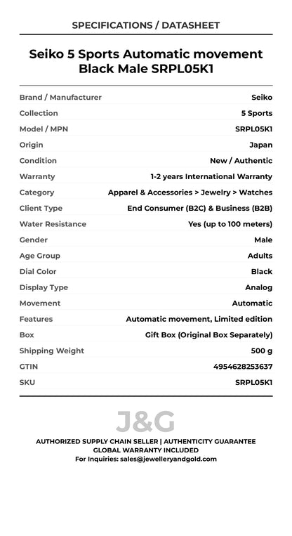 Seiko 5 Sports Automatic movement Black Male SRPL05K1 - Specifications