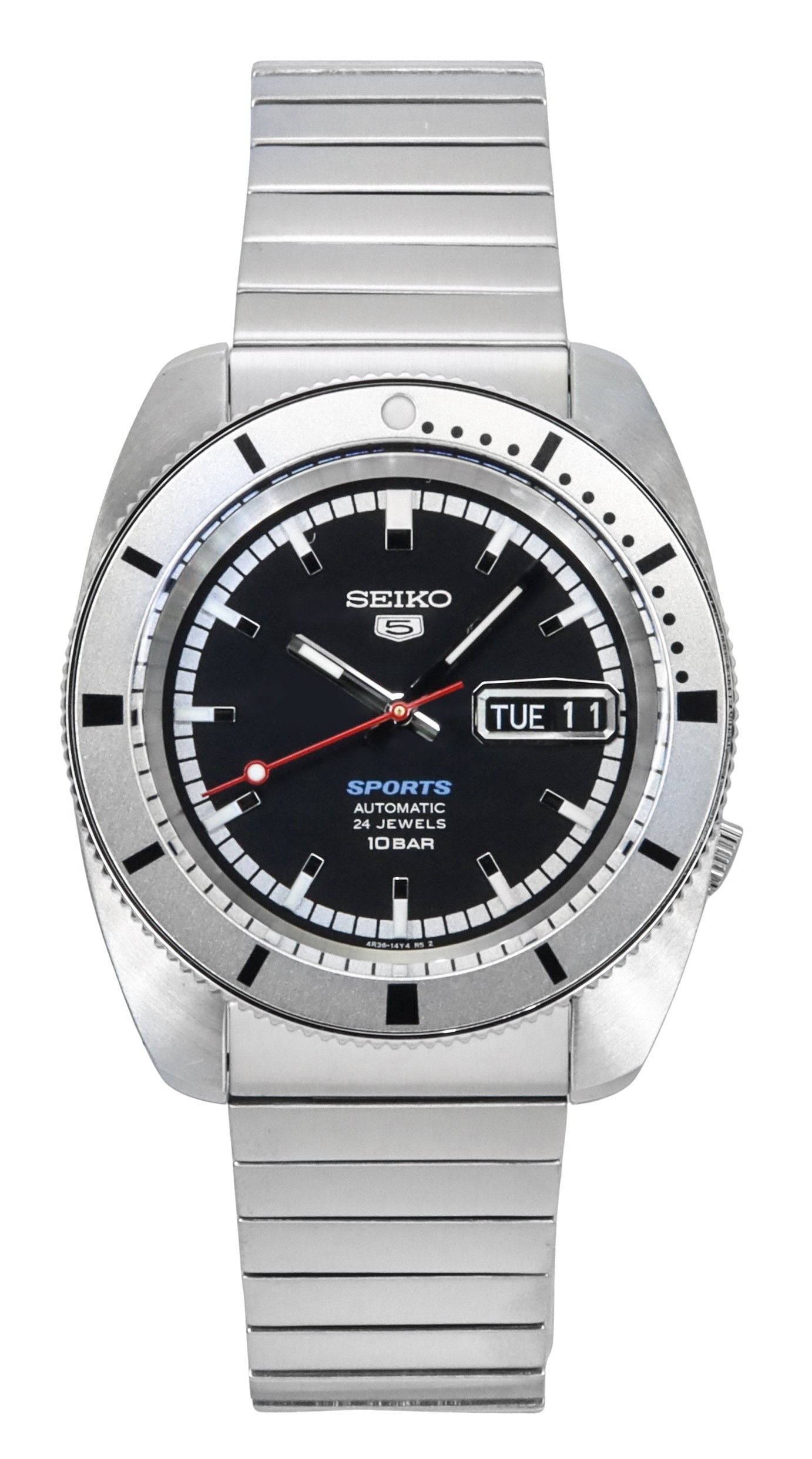 Seiko 5 Sports Automatic movement Black Male SRPL05K1. A brand-new Seiko 5 Sports watch featuring a Black dial. Angled view.