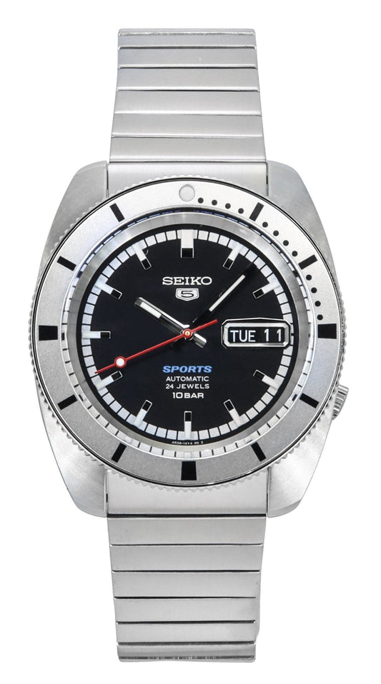 Seiko 5 Sports Automatic movement Black Male SRPL05K1. A brand-new Seiko 5 Sports watch featuring a Black dial. Angled view.