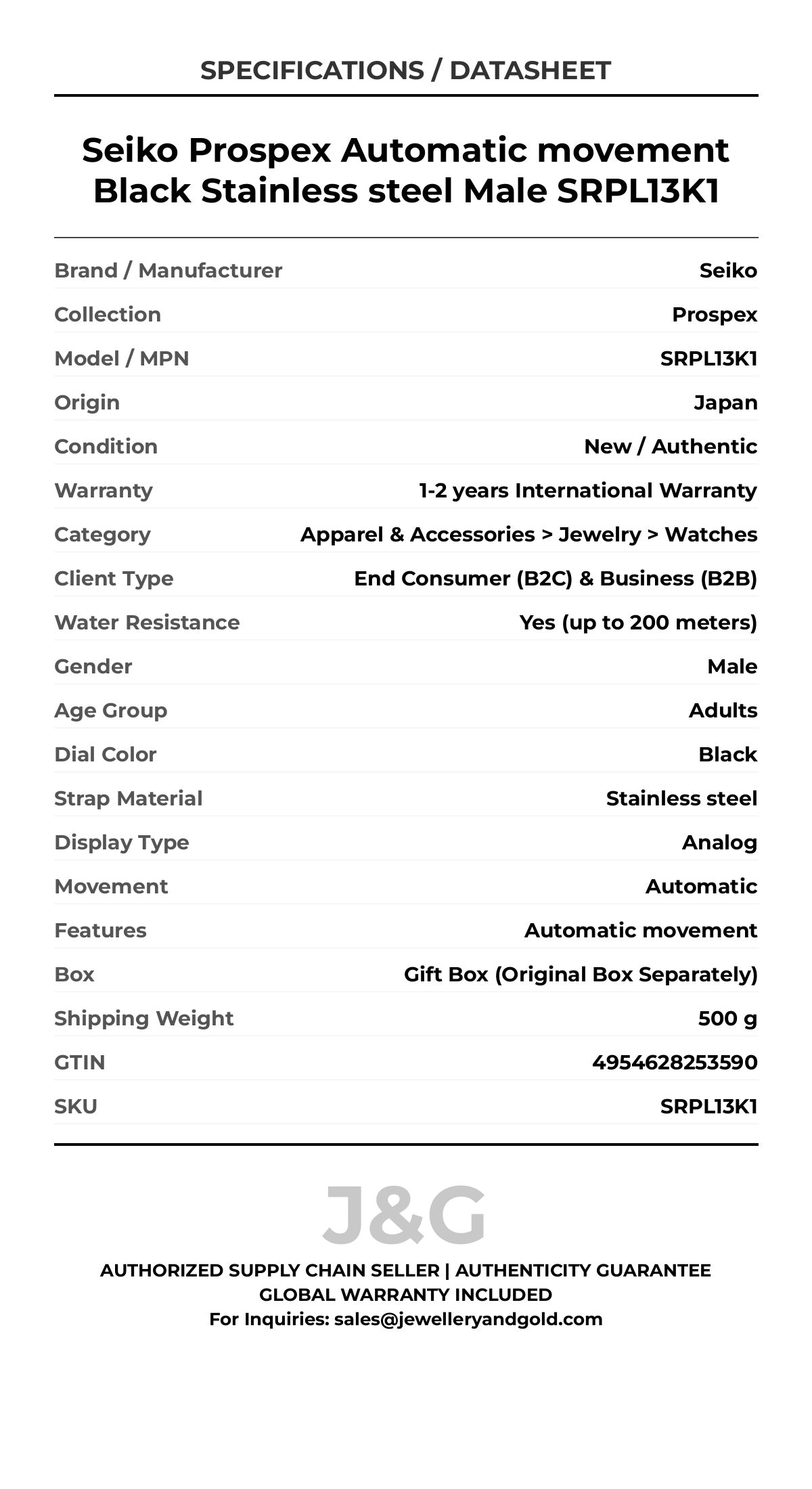 Seiko Prospex Automatic movement Black Stainless steel Male SRPL13K1 - Specifications