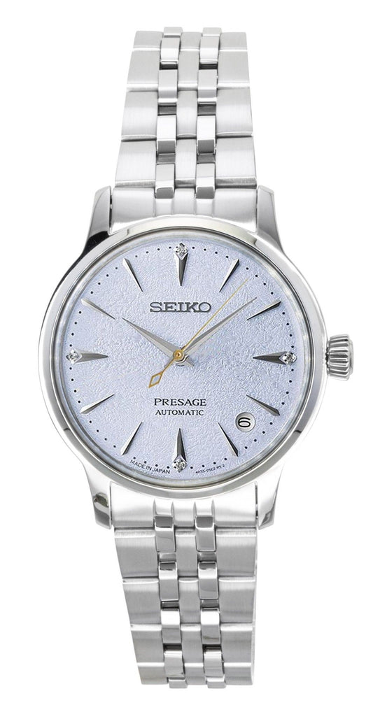 Seiko Presage Automatic movement Blue Stainless steel Female SRPL61J1. A brand-new Seiko Presage watch featuring a Blue dial and a Stainless steel strap. Angled view.