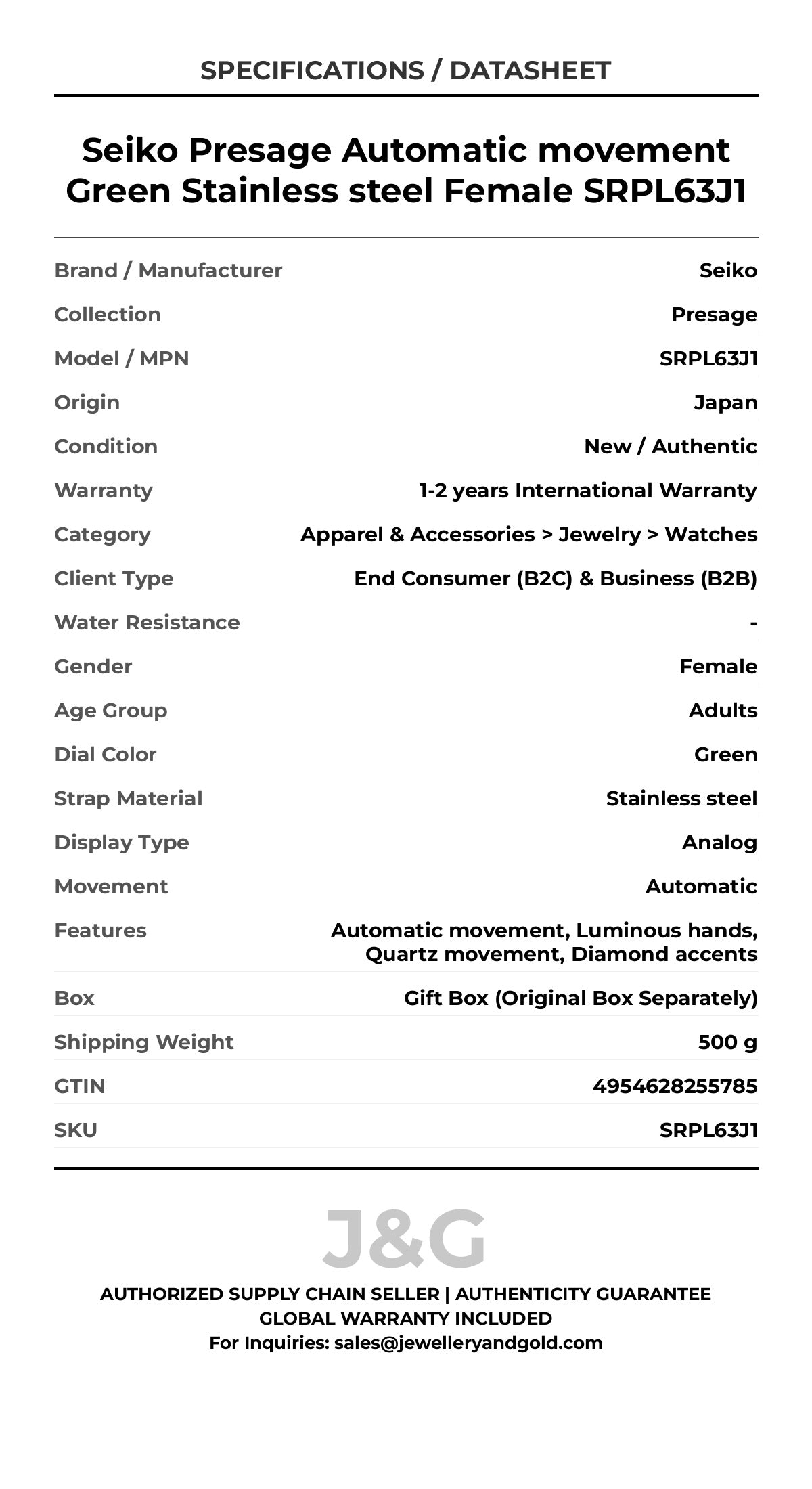 Seiko Presage Automatic movement Green Stainless steel Female SRPL63J1 - Specifications
