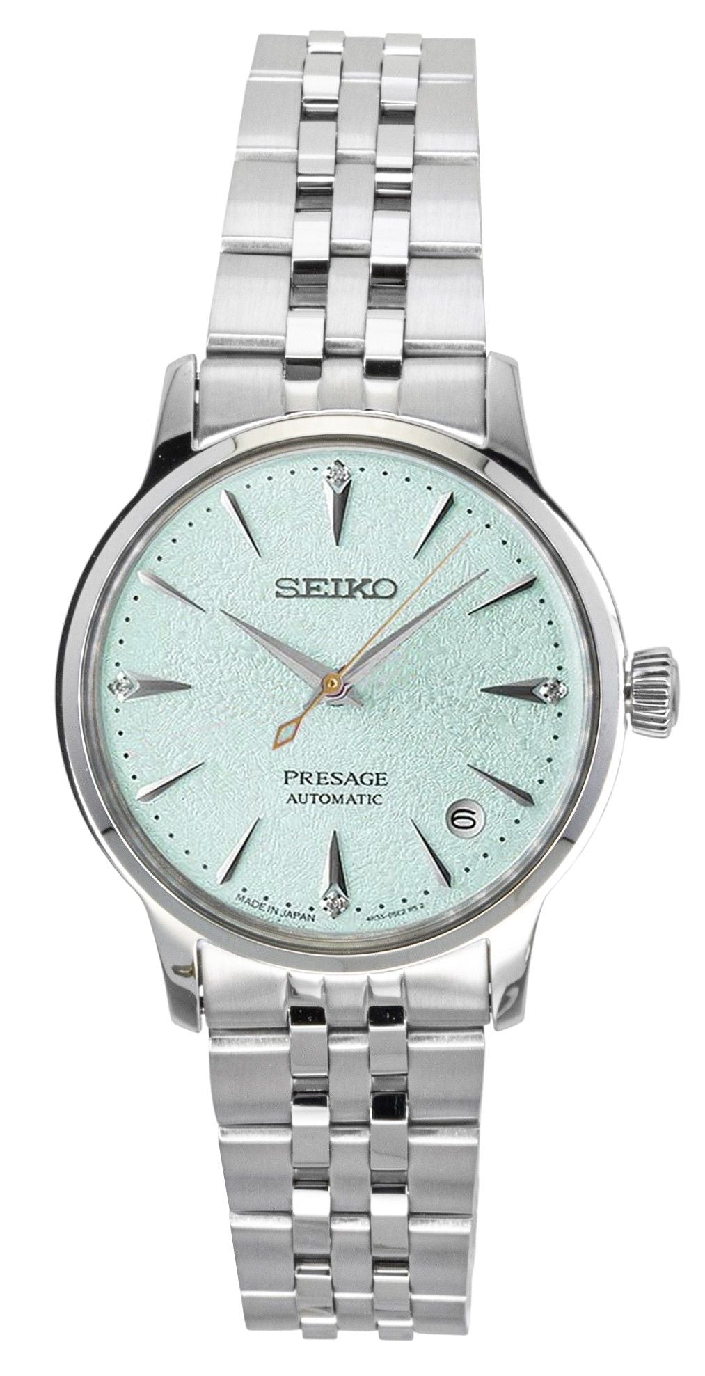 Seiko Presage Automatic movement Green Stainless steel Female SRPL63J1. A brand-new Seiko Presage watch featuring a Green dial and a Stainless steel strap. Angled view.
