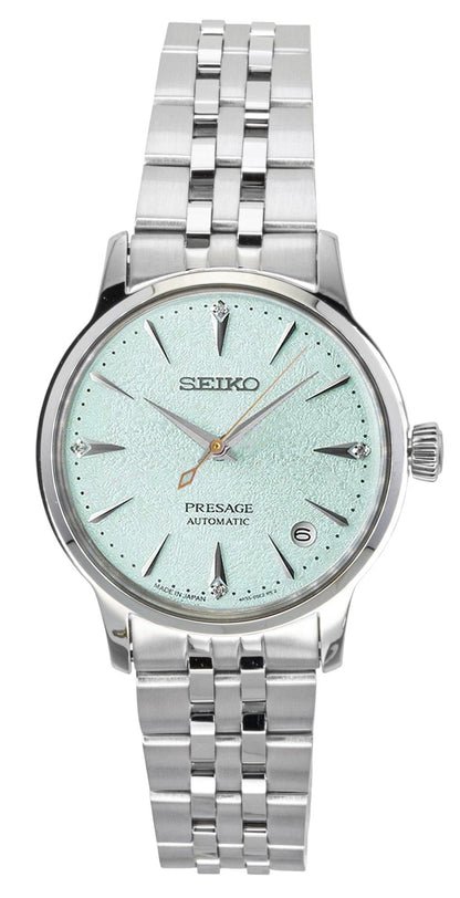 Seiko Presage Automatic movement Green Stainless steel Female SRPL63J1. A brand-new Seiko Presage watch featuring a Green dial and a Stainless steel strap. Angled view.