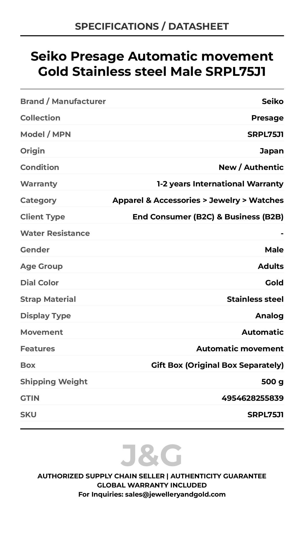 Seiko Presage Automatic movement Gold Stainless steel Male SRPL75J1 - Specifications