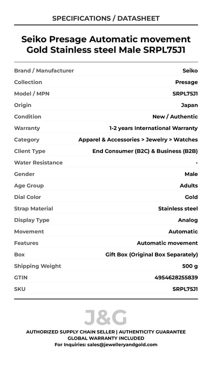 Seiko Presage Automatic movement Gold Stainless steel Male SRPL75J1 - Specifications