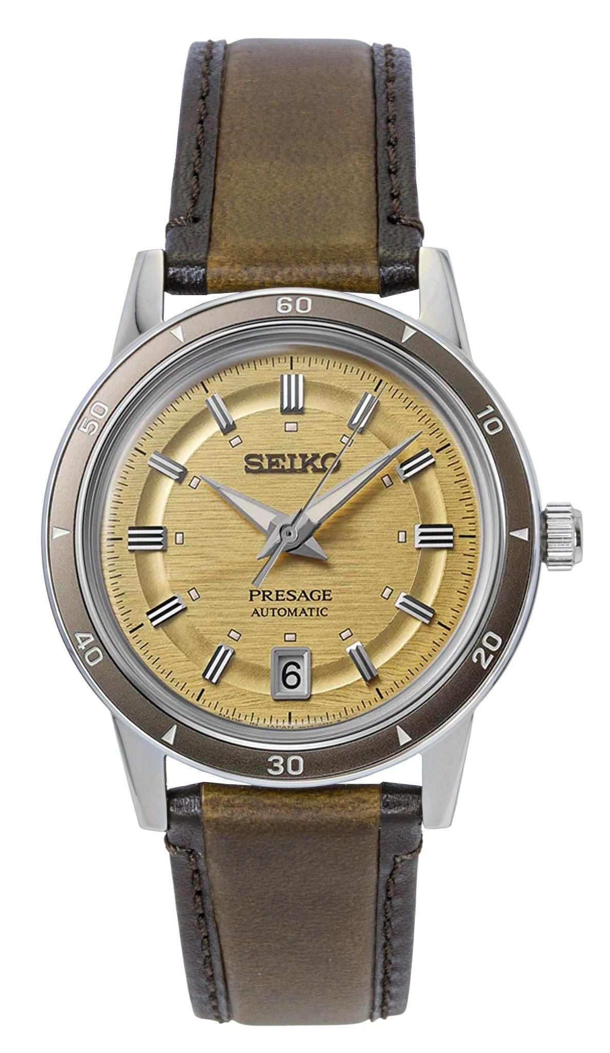 Seiko Presage Automatic movement Gold Stainless steel Male SRPL75J1. A brand-new Seiko Presage watch featuring a Gold dial and a Stainless steel strap. Front view.