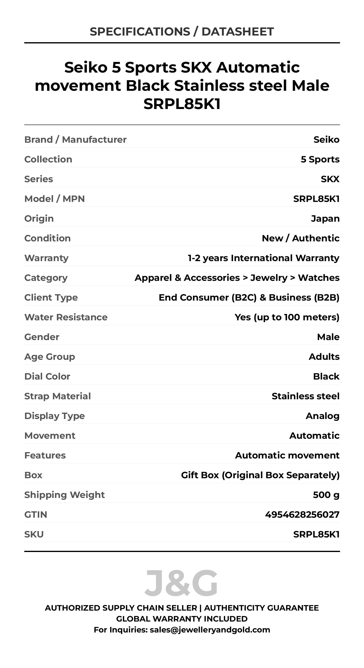 Seiko 5 Sports SKX Automatic movement Black Stainless steel Male SRPL85K1 - Specifications