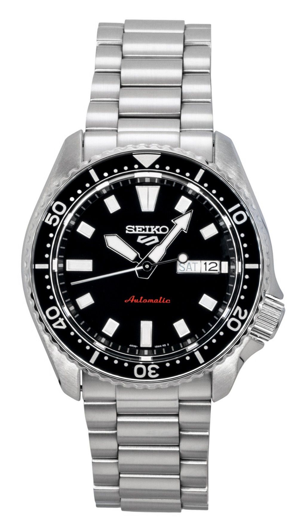 Seiko 5 Sports SKX Automatic movement Black Stainless steel Male SRPL85K1. A brand-new Seiko 5 Sports watch featuring a Black dial and a Stainless steel strap. Side view.