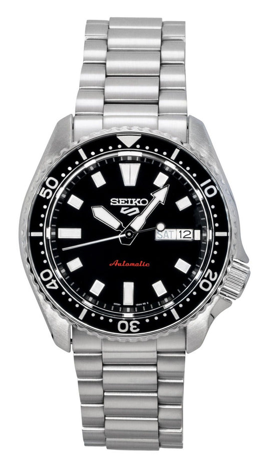 Seiko 5 Sports SKX Automatic movement Black Stainless steel Male SRPL85K1. A brand-new Seiko 5 Sports watch featuring a Black dial and a Stainless steel strap. Side view.
