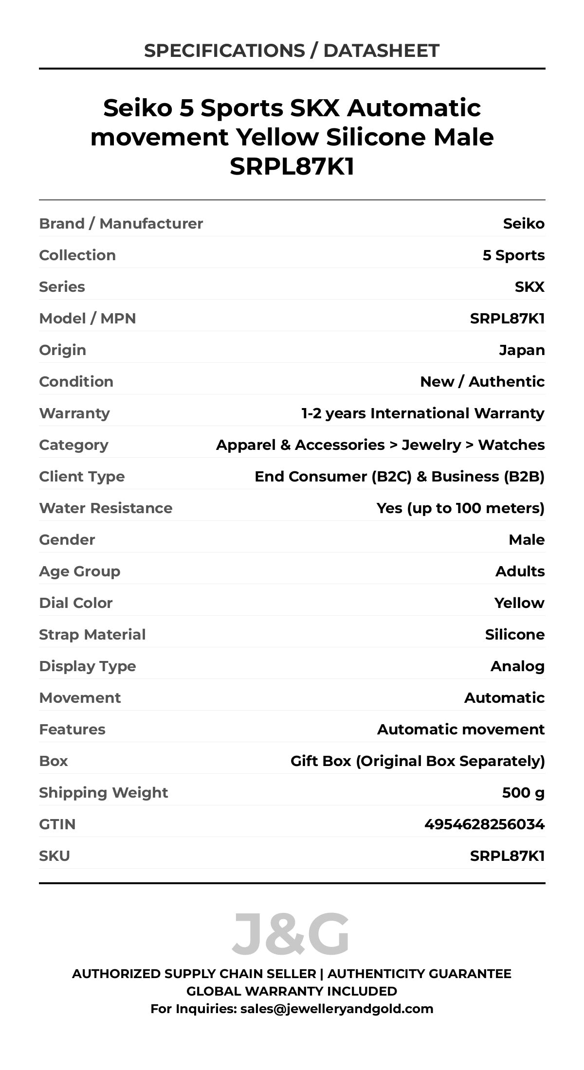 Seiko 5 Sports SKX Automatic movement Yellow Silicone Male SRPL87K1 - Specifications