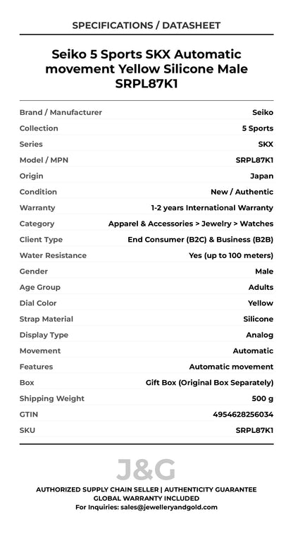 Seiko 5 Sports SKX Automatic movement Yellow Silicone Male SRPL87K1 - Specifications